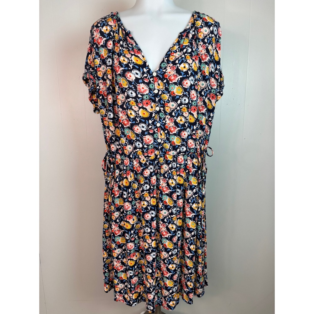 LOFT Dress Large Navy Blue Floral‎ V-Neck Button Front Short Sleeve Womens